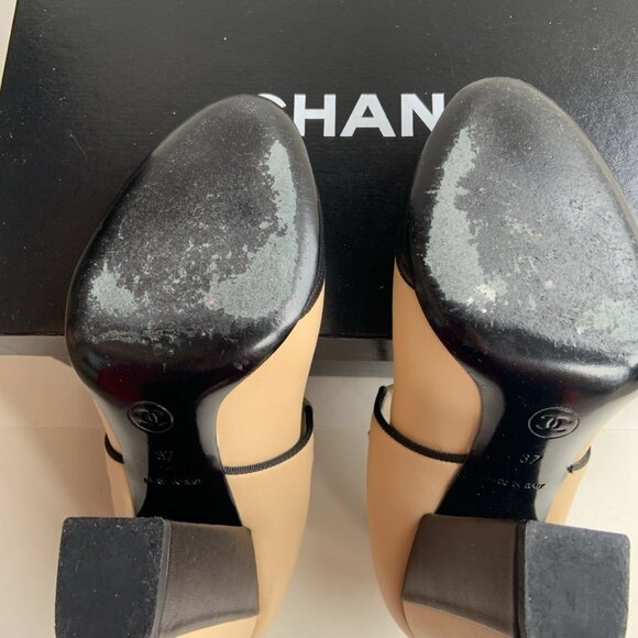Chanel Colorblock Mary Jane Pumps Tan Black Retro Block Heel - Picture 8 of 12